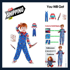 Kids Halloween Costume Chucky Jumpsuit Rainbow Shirt Toy Knife Scar Tattoos 2 to