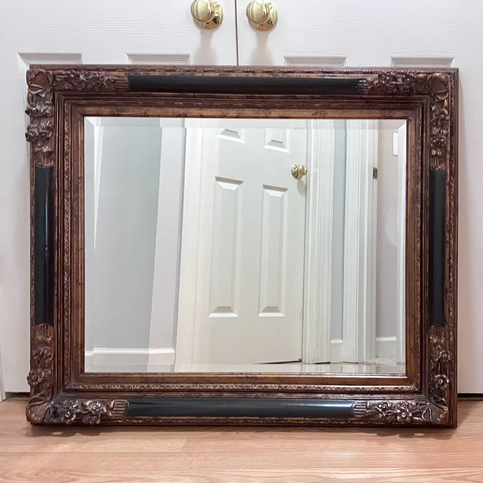 Large Ornate Baroque Framed Mirror 38"x32" Antiqued Crackled Bronze Paint Heavy - Image 4 of 4