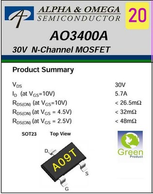 20 Stk. AO3400A  N-CH  SOT23 5,7A | 30V MOSFET DE-Brief
