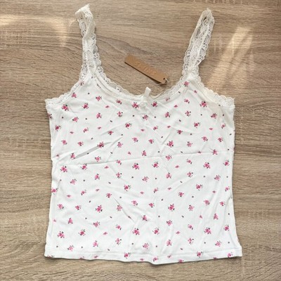 NWT SKIMS Soft Lounge Lace Cami Top Orchid Rose Print White Pink