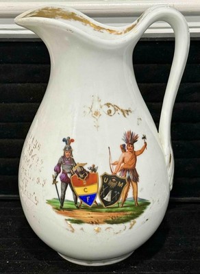 Large Rare MASONIC Polychrome and Gilt Transfer Pitcher, 19th Century