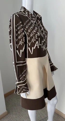 Abito camicia VALENTINO in seta e lana con logo marrone e avorio 46 10