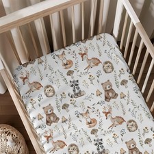 Cute Forest Animals Leaves Pattern Baby Sheets for Crib, Unisex Bear Deer Rac...
