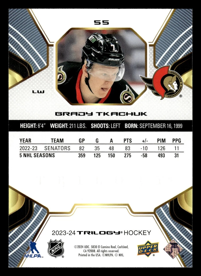 2023-24 Upper Deck Trilogy - #55 Brady Tkachuk - Ottawa Senators - Image 2 of 2
