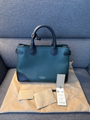 Burberry Banner Brogue Tote Green Black Leather Gold Hardware Dust Bag Authentic