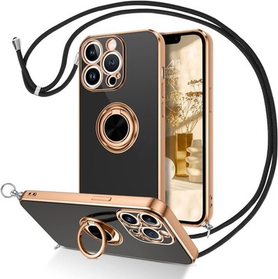 Hülle für Apple iPhone 13 Pro Silikon Schwarz Gold Rahmen + Ring und Lanyard