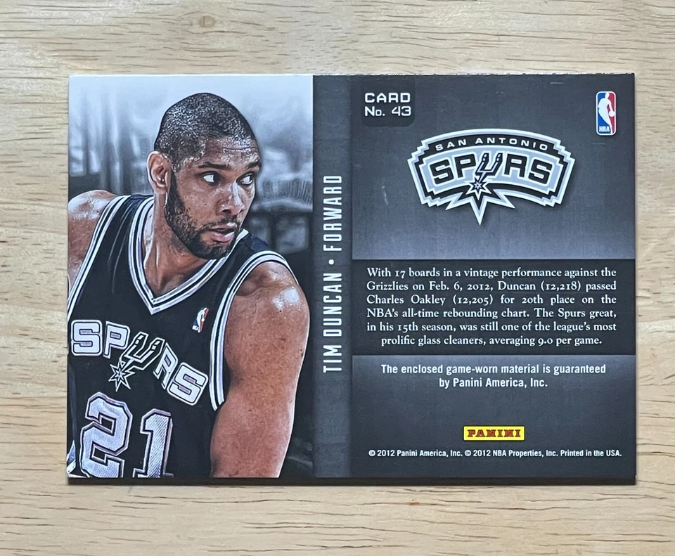 2012-2013 Panini Prestige Tim Duncan Inside the Numbers card # 43 Game-worn - Image 2 of 2