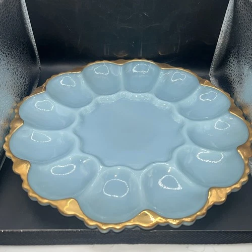 VTG Anchor Hocking Fire King Delphite Blue Milk Glass Deviled Egg Plate Dish