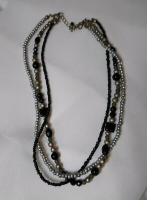 Premier Designs Necklace Beaded 3 Strands Makers Mark Gray Silver & Black 19'' 