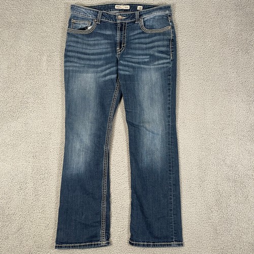 BKE Buckle Jeans Damen 34x32 Harper blau Stretch dicke Nähte Stickerei verblasst