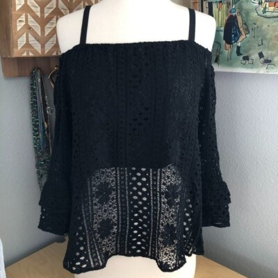 PARKER Eyelet Lace Blouse Womens size S Black Off Shoulder Aloha The White Lotus
