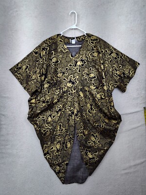 FAD Women Top One Size Black Gold Rayon 3/4 Sleeve Dubai Turkey Kaftan Tunic