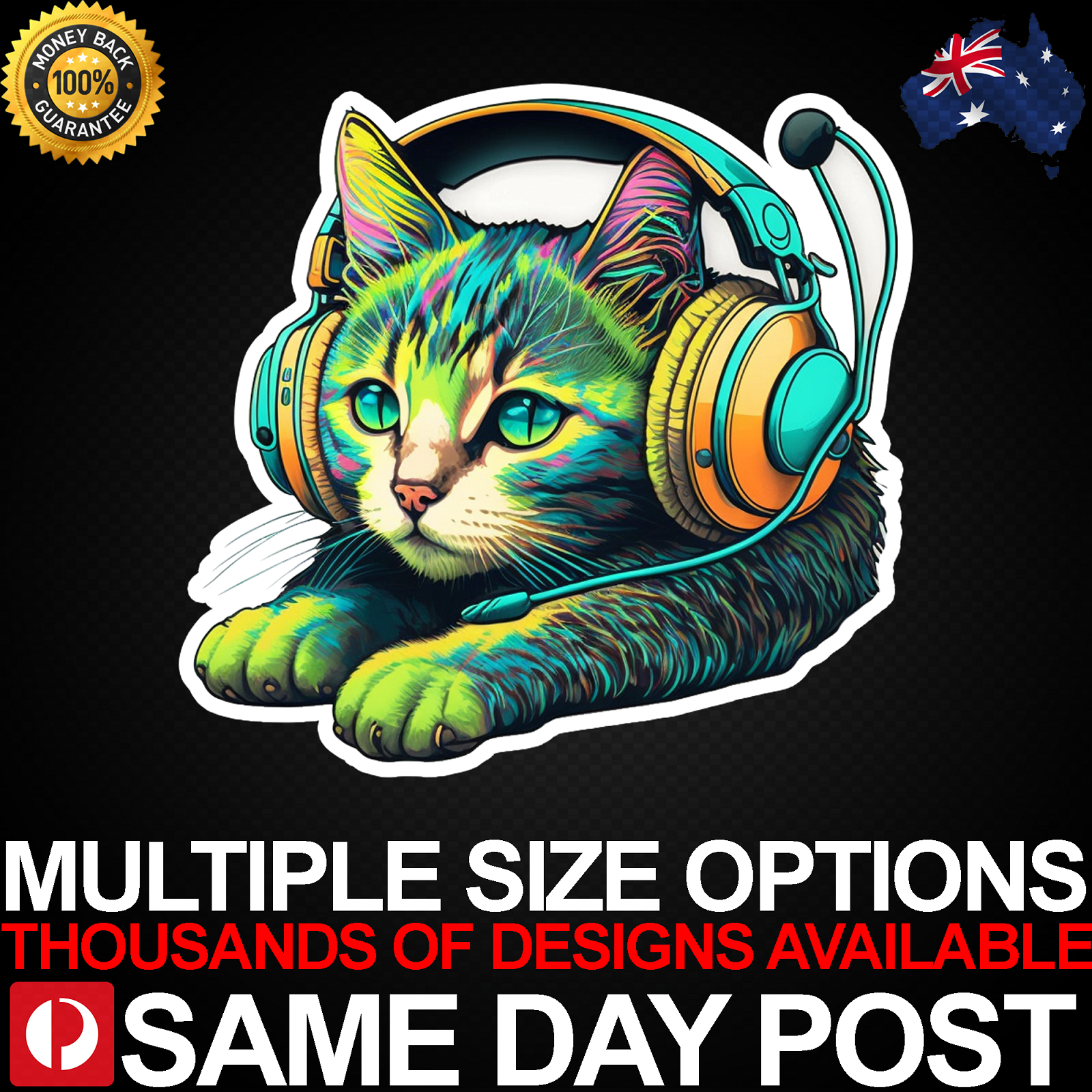 Affordable Green Cat Headphones Vinyl Sticker for Car, Laptop, or Pet Lovers