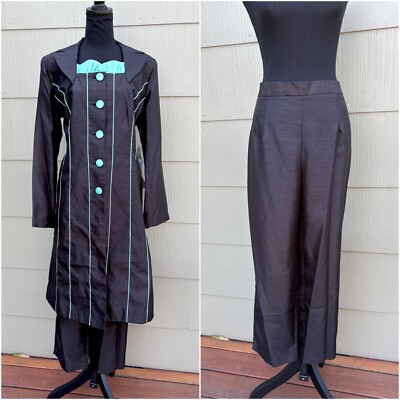 Ashro Black & Teal Ruffle Long Dress Jacket & Pants Matching 2 Piece Set NWT 14