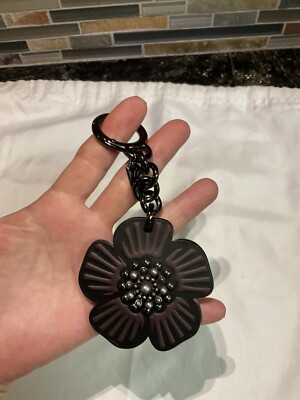 COACH Tea Rose Leather Key Fob Bag Charm Keychain Black | eBay