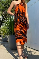 Hawaiian Pareo Orange & Black Hibiscus Flower Wraparound Sarong Beach Skirt