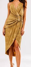 New ASOS Gold Sequin Wrap Midi Dress Size 10 Glam Party Evening Backless Strappy