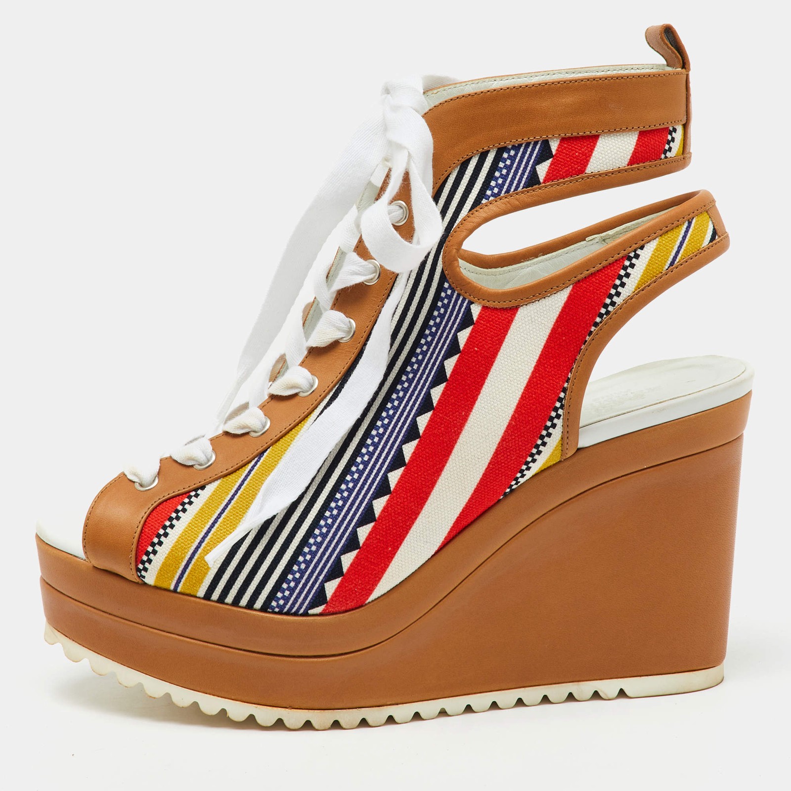 Hermes Multicolor Canvas and Leather Tribal Lace Up Platform Wedge Sandals Size