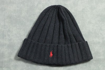 Polo Ralph Lauren Hat Beanie Mens One Size Black Ribbed Knit Wool Red Pony Logo