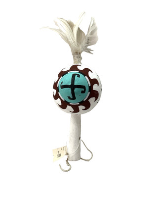 VINTAGE Native American Hopi Gourd Dance Rattle Multicolor with White Feathers