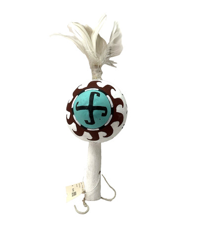 VINTAGE Native American Hopi Gourd Dance Rattle Multicolor with White Feathers