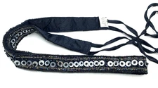 Vintage Beaded sash belt made in India Navy Blue band Iridescent beads