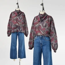 Vintage 80s Sheer Paisley Blouse Draped Scarf Cowl Neck Secretary Top M