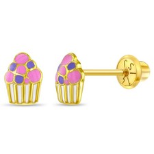 14k Yellow Gold Colorful Cupcake Screw Back Earrings for Toddlers Young Girls