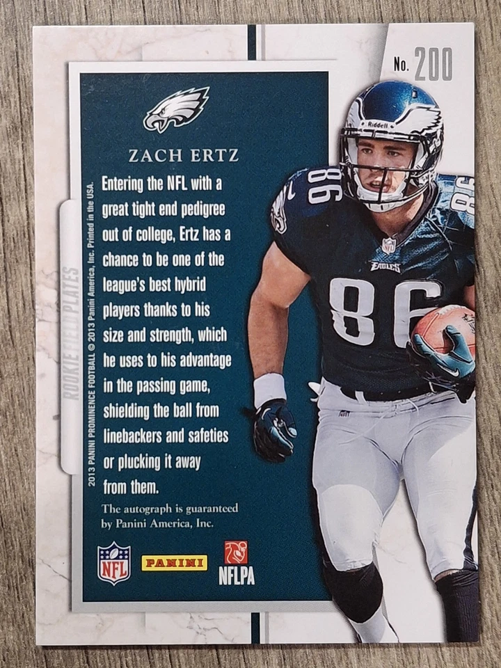 2013 Panini Prominence Rookie Field Plates Zach Ertz RC #200 Auto /100 - Image 2 of 2