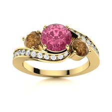 Round Pink Topaz  Smoky Quartz 925 Sterling Silver Gold Plated Three Stone Ring