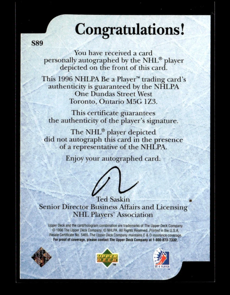 1995-96 Upper Deck Be a Player #S89 Todd Elik Autographs Die Cut - Image 2 of 2