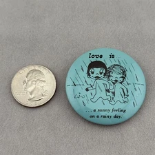 Vintage 70s Love Is...A Sunny Feeling Rainy Day Kim Casali Pinback Button #60285