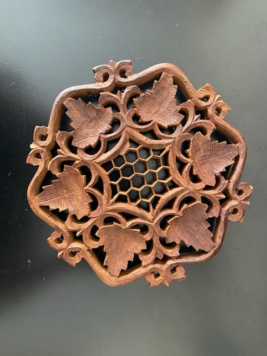 (2) Carved Sheesham Wood Trivets Hot Pad Footed India Honeycomb Leaf 6” BOHO - Picture 2 of 6