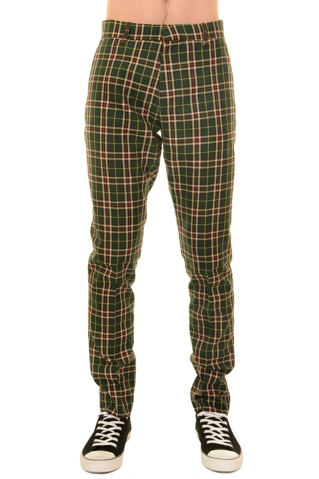 Pantaloni Uomo Vintage Retrò Mod Plaid Verde Tartan Slim Skinny Fit (JM1771) - Immagine 2 di 3