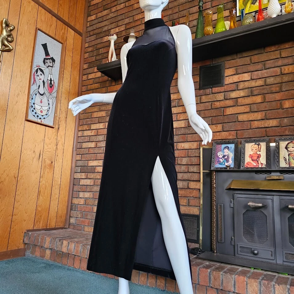 Vestido Gargantilla Formal Terciopelo Elástico Gótico Vampiro Años 90 De Colección Hendidura Alta Negro Vestido M/L Foto 3 de 4