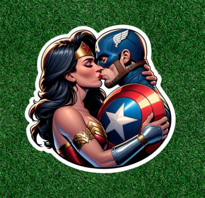 Wonder Woman Kissing Captain America waterproof vinyl sticker - Several Sizes