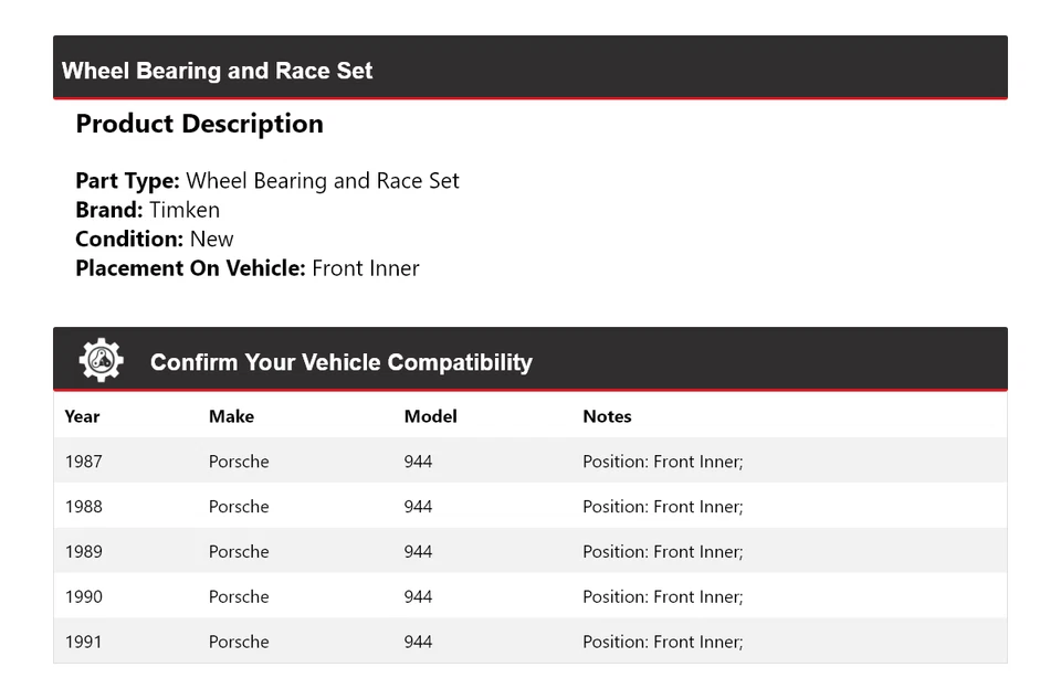Juego de cojinetes de rueda y carreras interiores delanteros Timken 1988 para Porsche 944 1987-1991 Foto 2 de 4