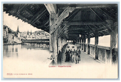 Luzern Switzerland Postcard Chapel Bridge Over River View c1905 Antique