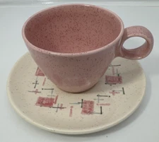 Vintage Metlox Vernon Ware "Tickled Pink" Speckled Cup & Saucer Retro Atomic MCM