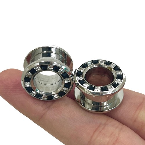 Surgical Steel Pressed Rimmed Black Clear CZ Screw Tunnel Ear Plugs Sold as Pair - Picture 23 of 26
