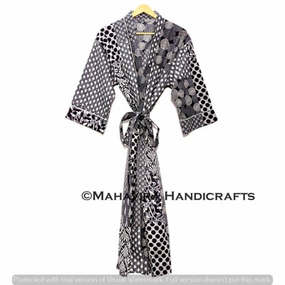 Women Pure Cotton Indigo Black Lingerie Night Gown Sleepwear Boho Kimono Robe