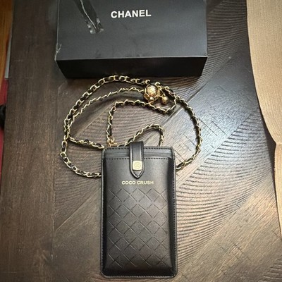 CHANEL Coco Crush Quilted Black Leather Crossbody Phone Case w/ Chain Strap