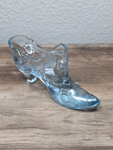 Vintage Fenton Art Glass Blue Cabbage Rose Pattern Shoe