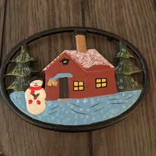 Christmas Trivet Cast Iron Footed Painted Snowman Tree House Oval 8.5x6 Decor
