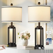 Industrial Table Lamps Set of 2, Modern Beside Lamp with USB A C Large, Black