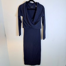 NWT Elie Tahari Women M 100% Merino Wool Knit Dress Blue Midi Wrap Bodice Luxury
