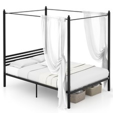 Double Size Canopy Bed Frame Modern 4-Poster Platform Bed with Headboard Black