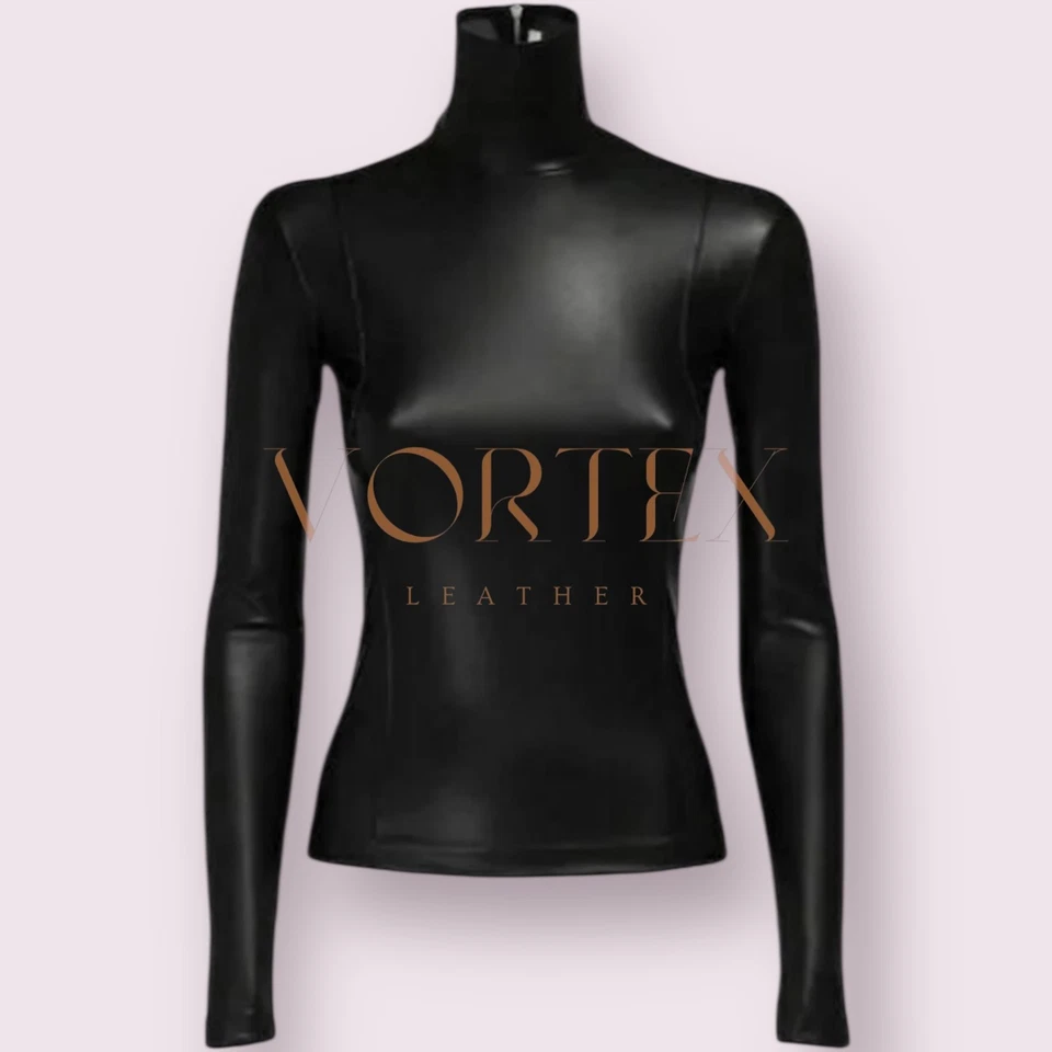 Mujeres Camisa de Cuero Negra Cuello Alto Camisa de Cuero de Cordero Genuino Camisa Calce Ajustado Foto 4 de 4