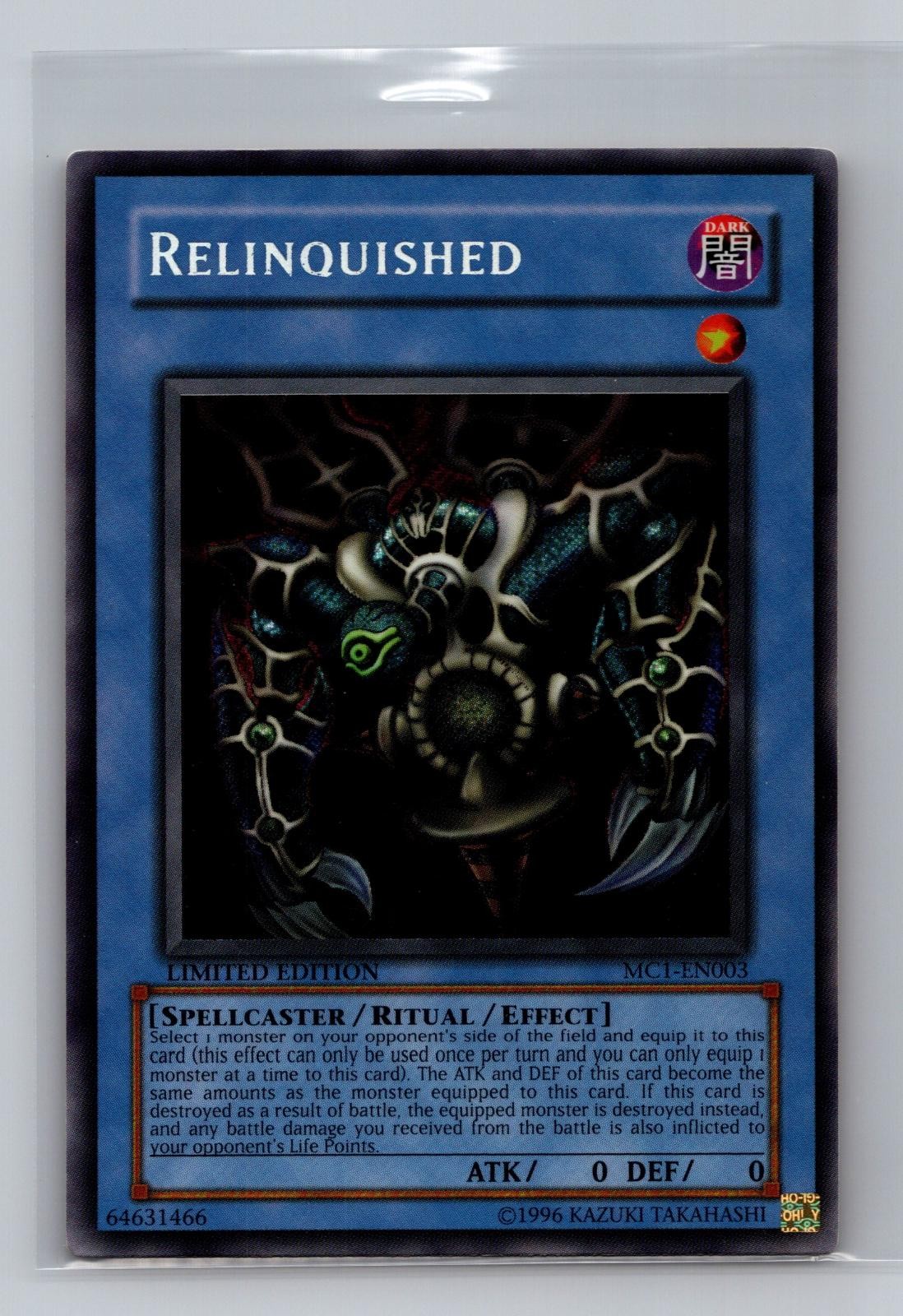 Relinquished MC1-EN003 YuGiOh Master Collection Volume 1 trading card — raw and PSA graded price guide
