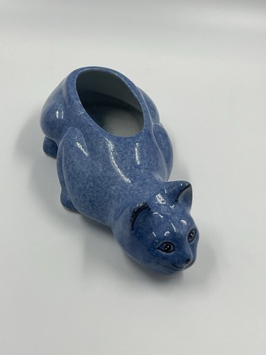 Vintage Cat Planter CALICO CHINA Figure 11" Blue & White Spongeware look - Picture 8 of 13